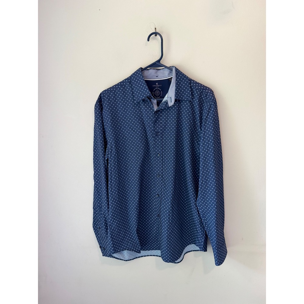Con.Struct Slim Fit Navy Blue Geometric Dot Long Sleeve Button Down Shirt Mens M